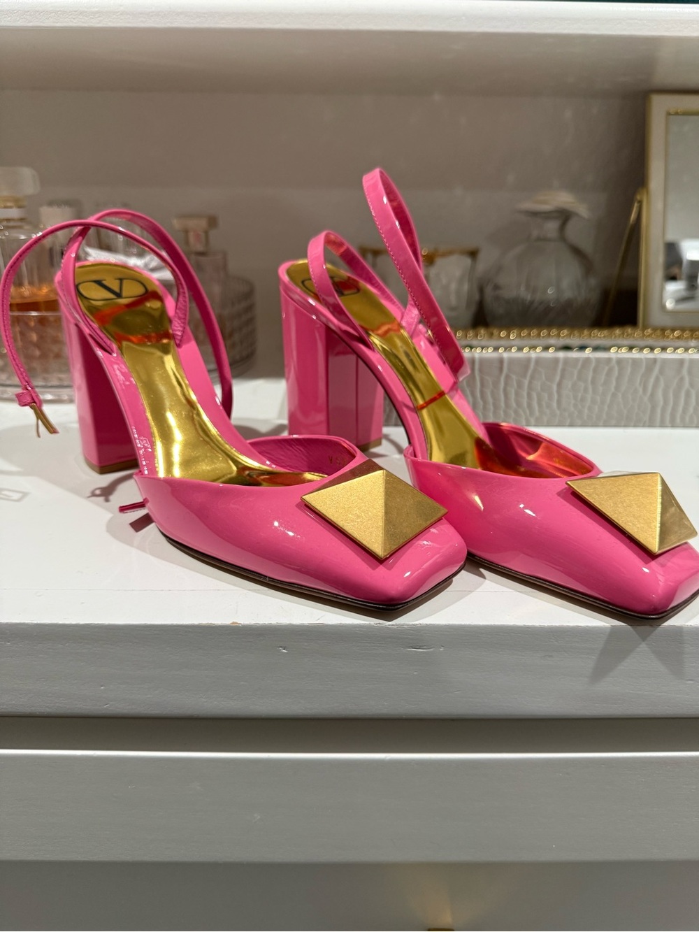 Pink Patent Slingback Block Heel Pumps with Gold Accent